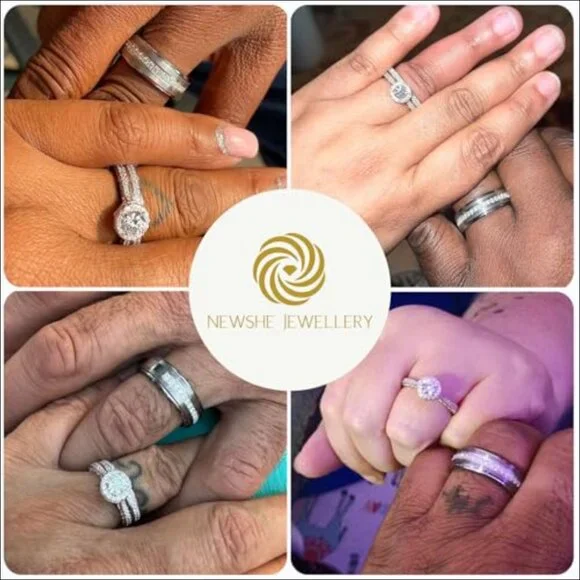 Sterling Silver and Tungsten Carbide Wedding Rings Set with Cubic Zirconia